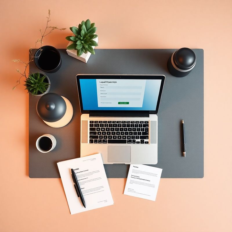 Scrivania minimalista con laptop e documenti per l'avvio di un business digitale